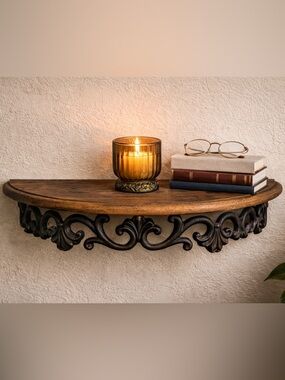 Rustic Iron & Wood Floating Wall Shelf Half Moon Made in India
